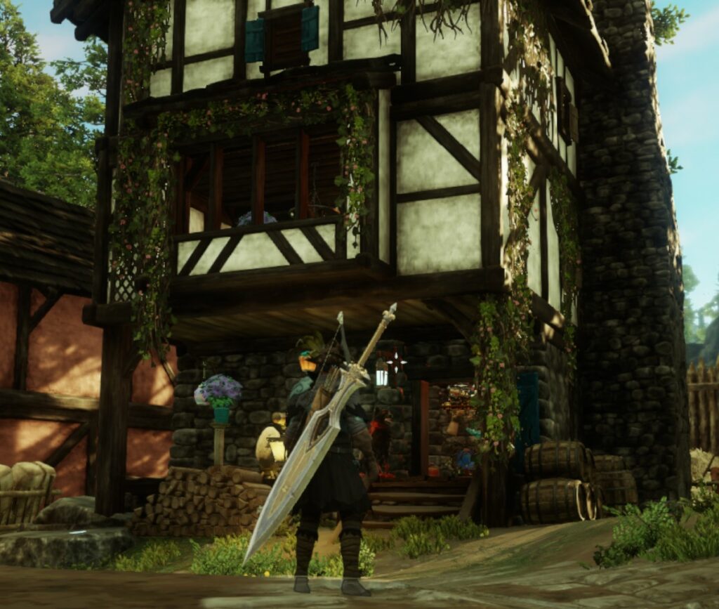 New World looking at house I want to buy with goofy greatsword on back