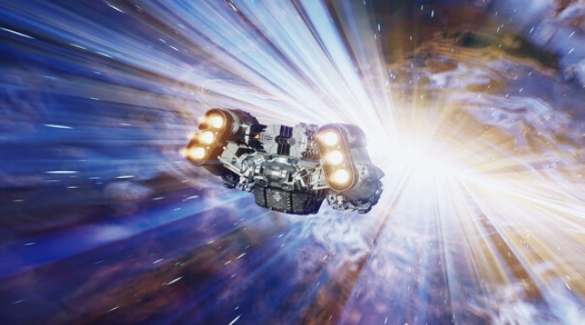 Starfield promo image of a ship in hyperspace