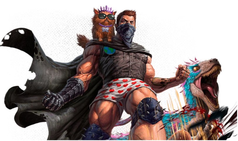Dungeon Crawler Carl in his iconic boxer shorts with Donut on his shoulder and Mongo beside